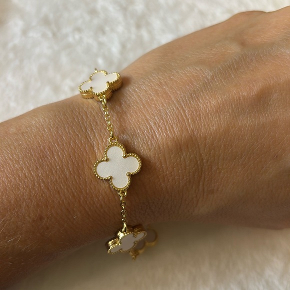 Gold over Stainless Steel White Enamel Clover Bracelet - Picture 2 of 2